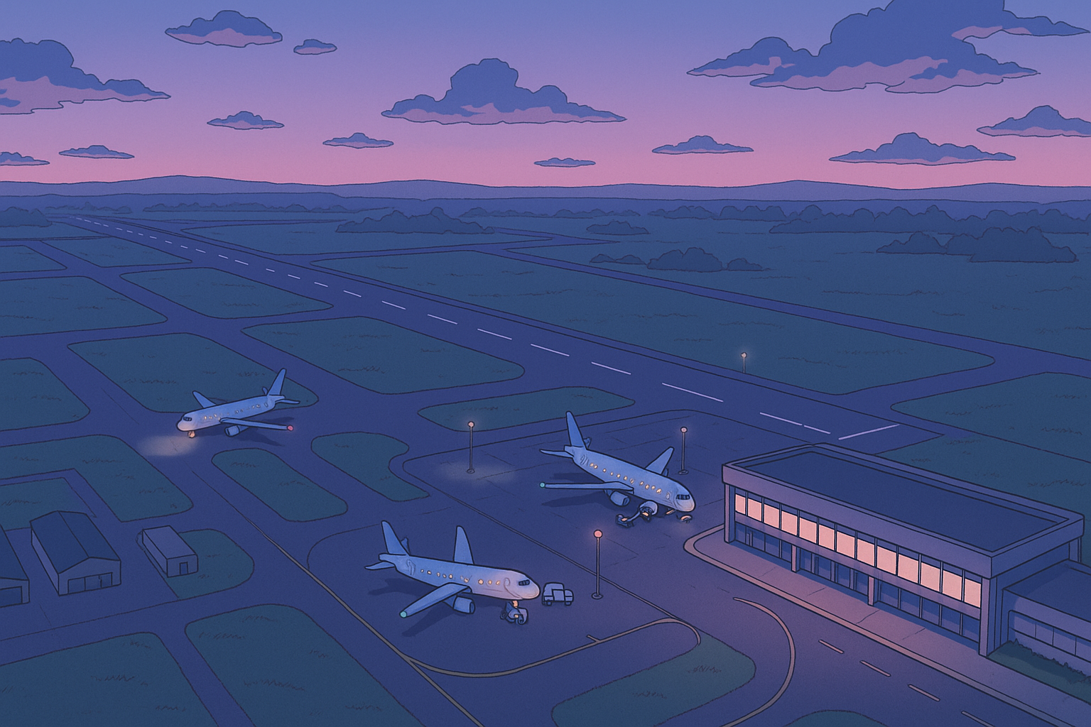 Airport at dusk — runways lit, aircraft on stand
